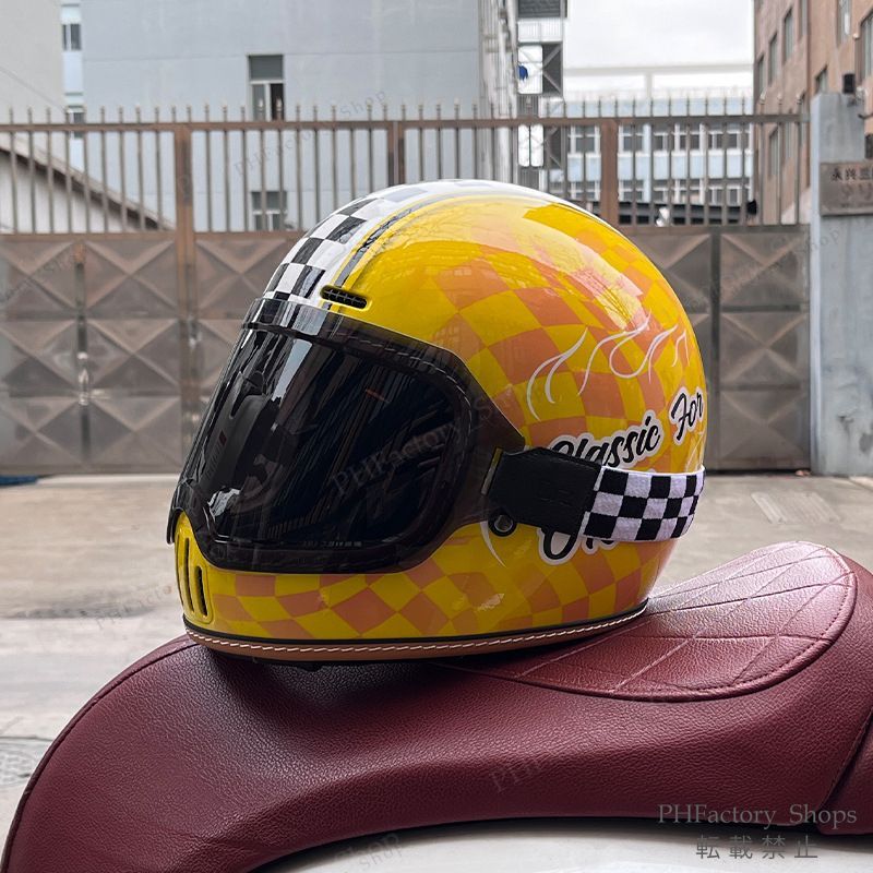 レトロヘルメット クラシック フルフェイスヘルメット ゴーグルが付き バイクヘルメット DOT認定 耐久性 安全性 通気性 男女兼用 チェック柄 イエロー A175