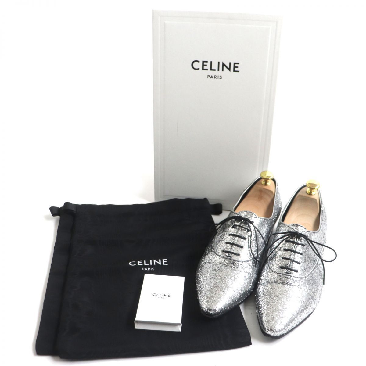 CELINE セリーヌグリッターレザードレスシューズシルバー