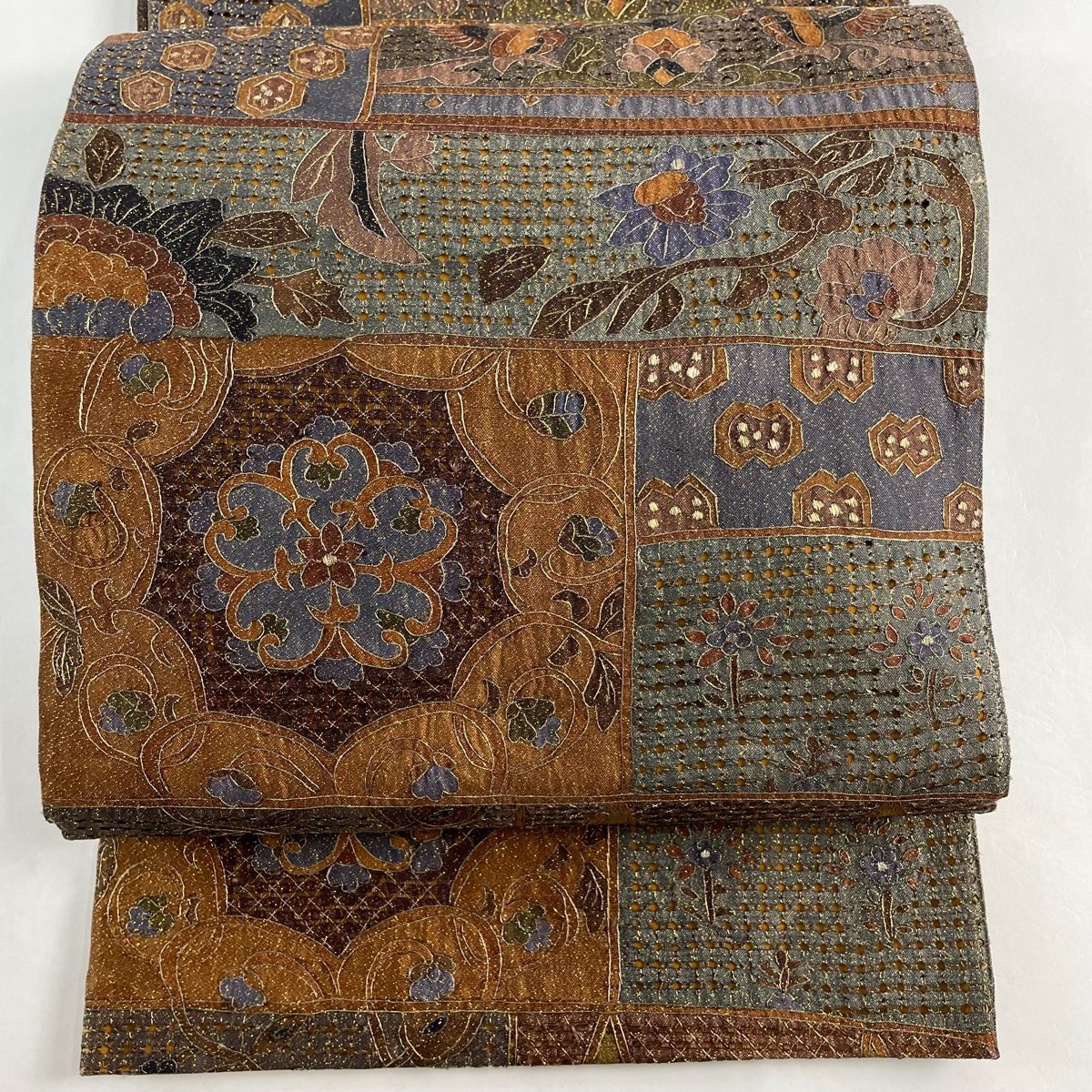 袋帯 ますいわ屋 草花 鳥 金糸 汕頭刺繍 茶色 全通 正絹