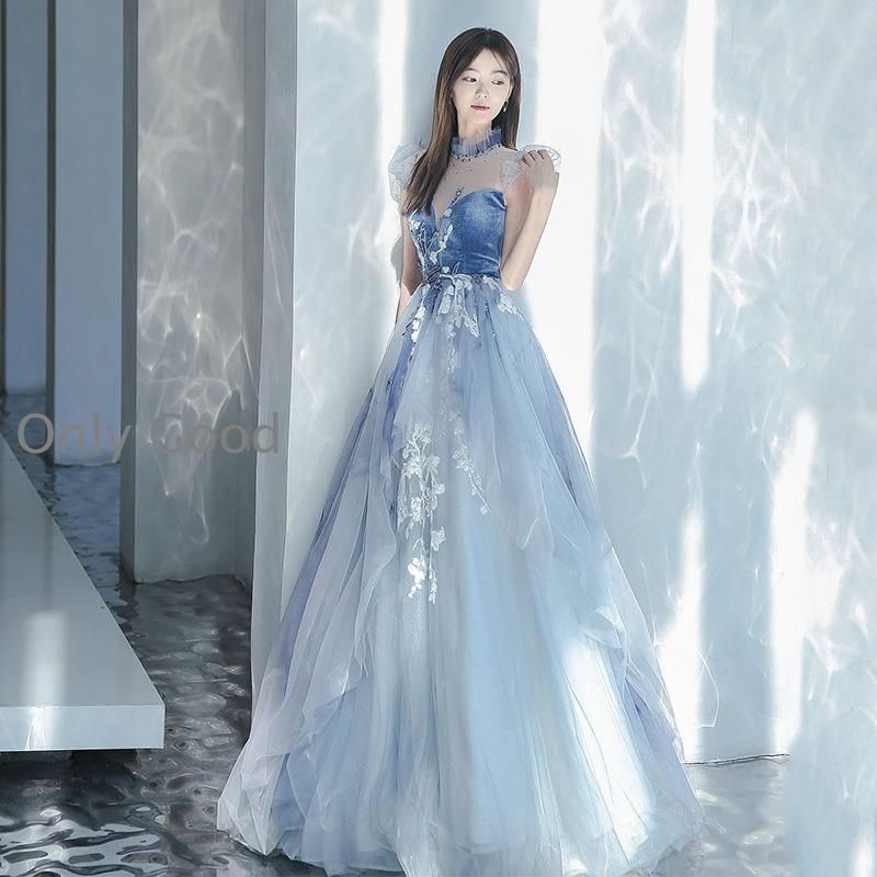 カラードレス プリンセスライン ブルー フリル リボン パール 前撮り カラードレス プリンセスライン ロングドレス ブルー フリル リボン