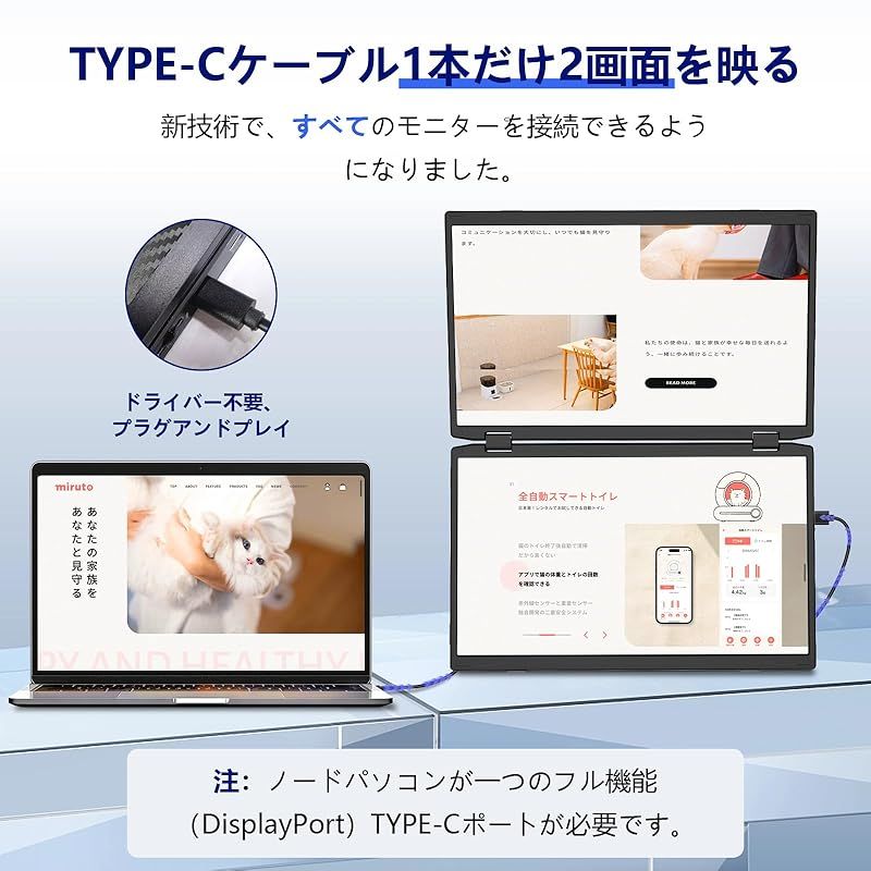 LivElect デュアルディスプレイ 15.6イン 2画面モバイルディスプレイチ 全機種対応 1本ケーブルだけ接続 FHD1080P 折りたたみ式モニター ポータブルモニター マルチ画面 VESA対応 自立スタンド付き 2年間のメーカー M4