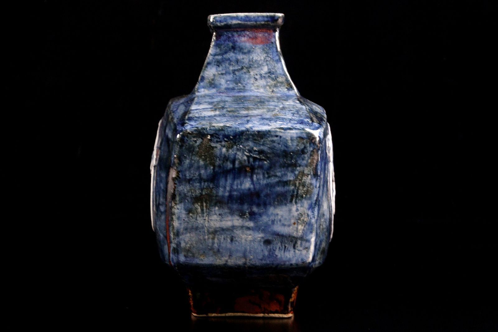 河井寛次郎作 呉須扁壷 4.5cm 共箱 花瓶 花器 唐物 骨董 古美術