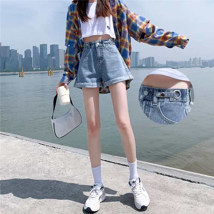 送料無料 ハイウエスト デニム ショートパンツ ロールアップ