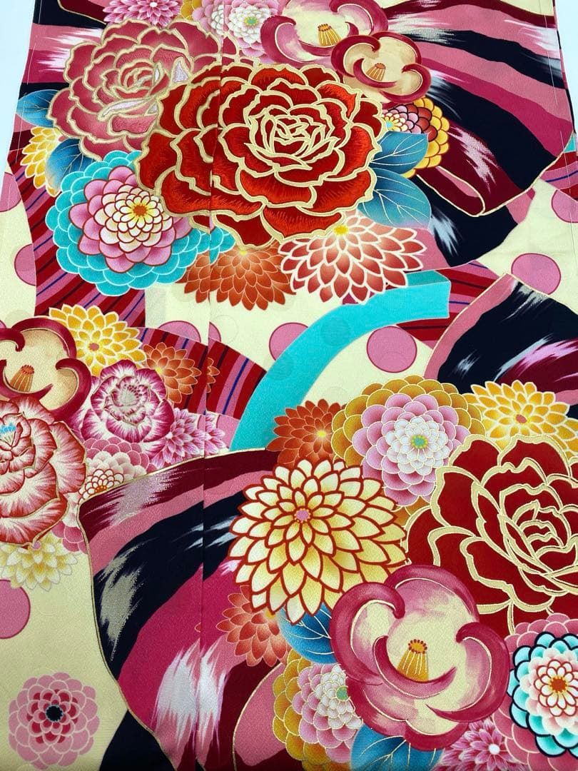 振袖 仮絵羽 京友禅 ラメ刺繍 金彩 紋意匠 正絹 未仕立て品 八掛付き 振袖 仮絵羽 京友禅 ラメ刺繍 金彩 紋意匠 正絹 未仕立て品 八