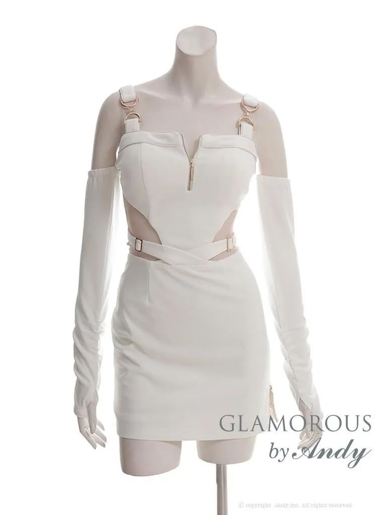 Sホワイト OF05 GMS-V891-B-2509 Andy GLAMOROUS|アンディグラマラス 2way| 袖付き| ノースリーブ| バストジップ| カットアウト| シアー| タイト| ミニドレス| キャバドレス