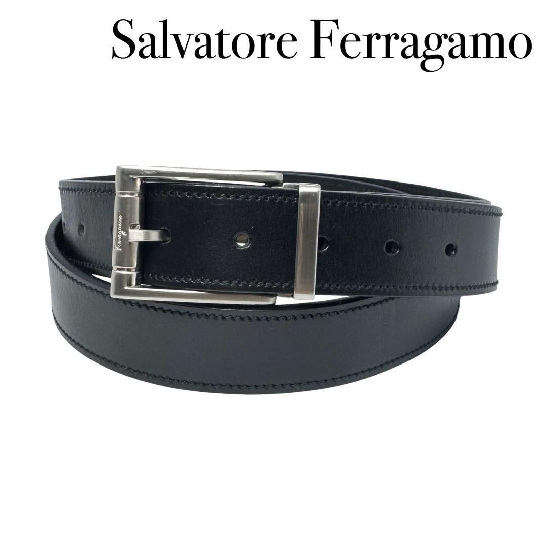 Salvatore Ferragamo フェラガモ レザー ベルト メンズ 黒 ブラック シルバー イタリア製 ビジネス
