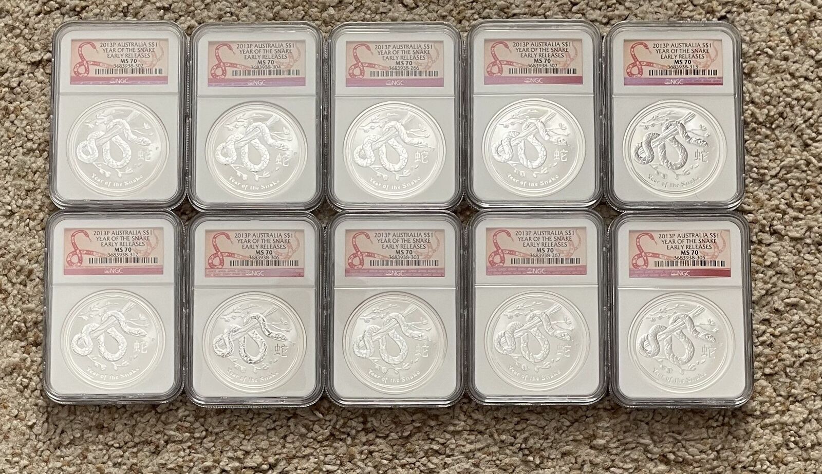 2013 P Atralia Year of the Snake 1oz Silver NGC MS70 ER **BOX OF 10**