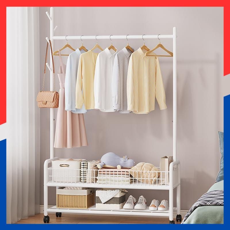 商品 両側のフック付き パイプハンガー キャスター付き 棚付き 防サビ 頑丈 おしゃれ 幅90×奥行36×高さ176cm 耐久耐荷重 洋服ラック 室内干し 収納 ホワイト 組立簡単 コートハンガー大容量収納ラック M-Size ハンガーラッ