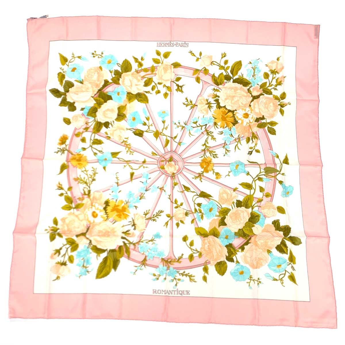 HERMES エルメス カレ90 ROMANTIQUE スカーフ ピンク×ホワイト 花柄