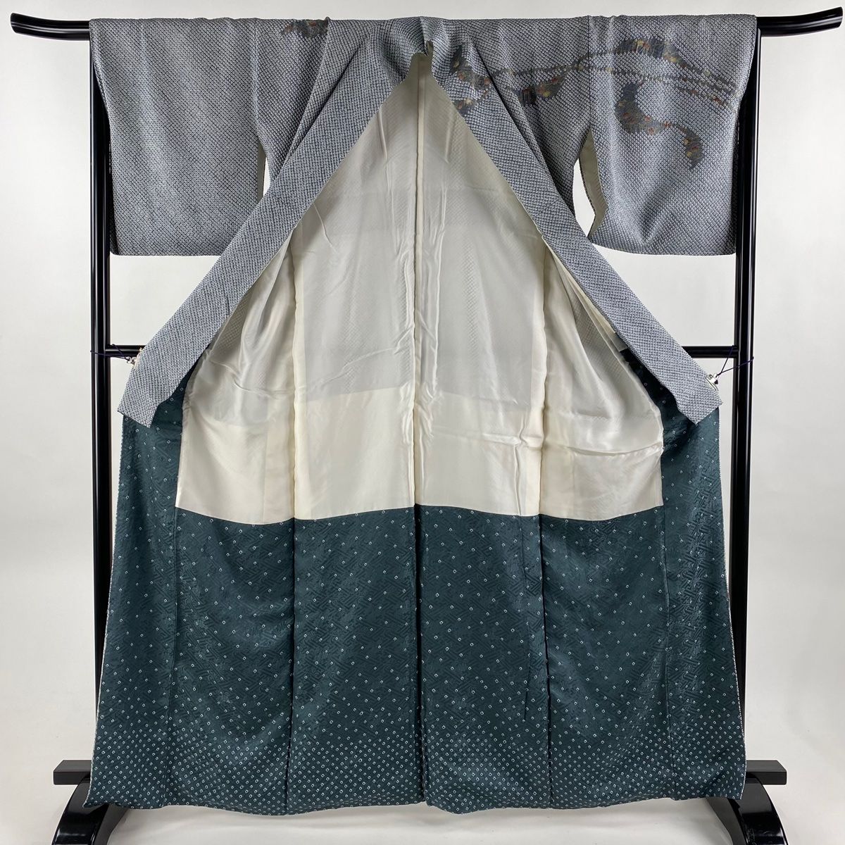 訪問着 身丈171cm 裄丈71cm L 軋む 袷 落款 枝花 染分け ぼかし 灰色 