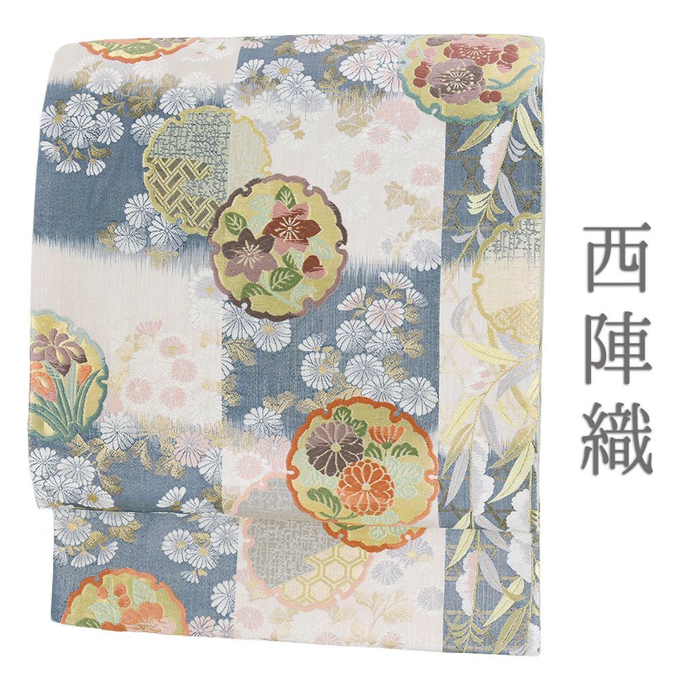 美品！銀×ピンク 桜 梅 菊 楓 藤の花 華づくし 正絹 袋帯 二重太鼓 作り帯 美品！銀×ピンク 桜 梅 菊 楓 藤の花 華づくし 正絹 袋帯 二重
