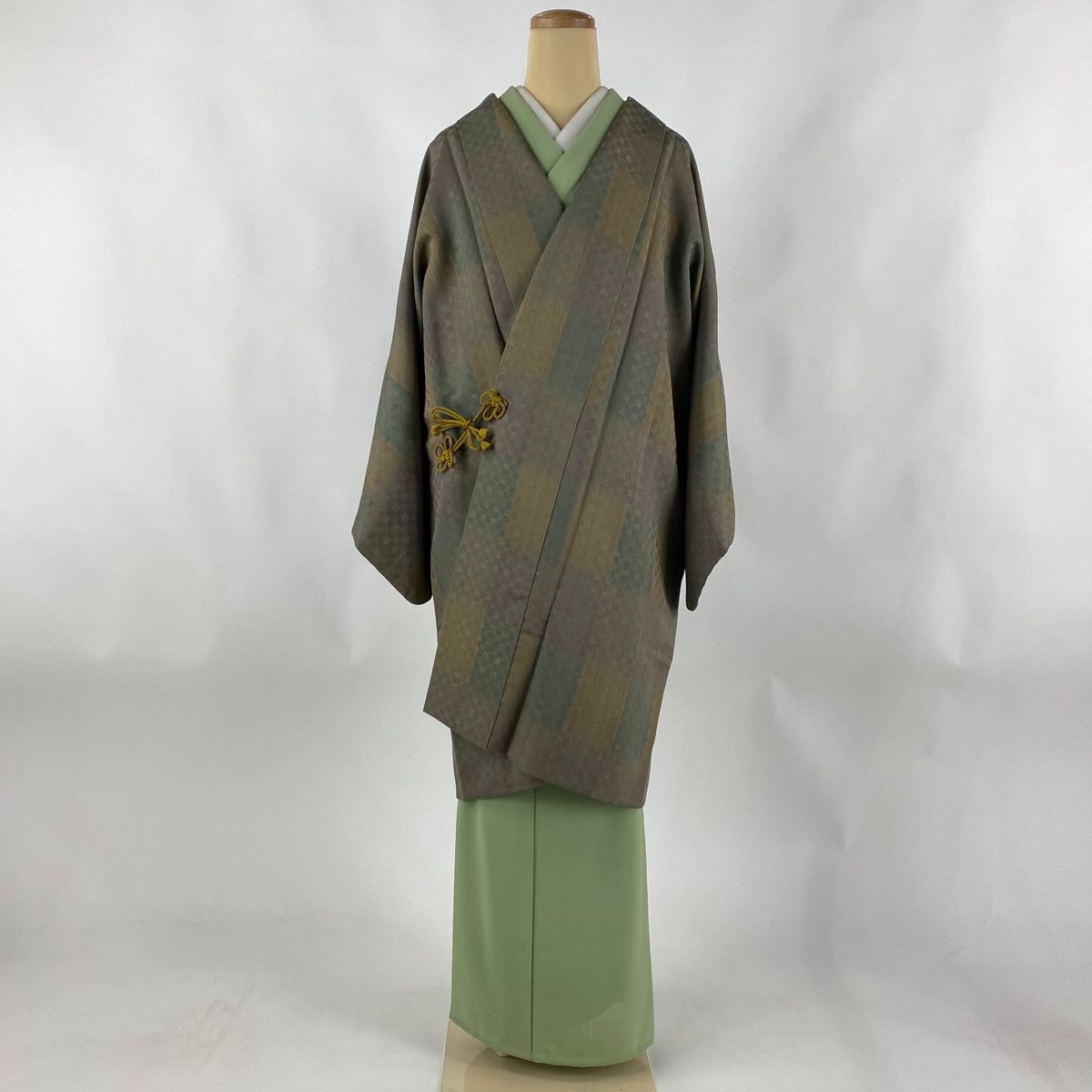 道中着 身丈94cm 裄丈64cm M 和装コート 着物衿 瓢箪 地紋 深緑 正絹  