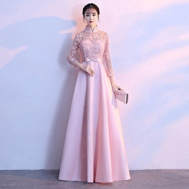 ピンク 刺繍 レース ハイネック イブニングドレス ロングAライン フォーマル ワンピース 二次会 演奏会 披露宴 結婚式 発表会 パーティード