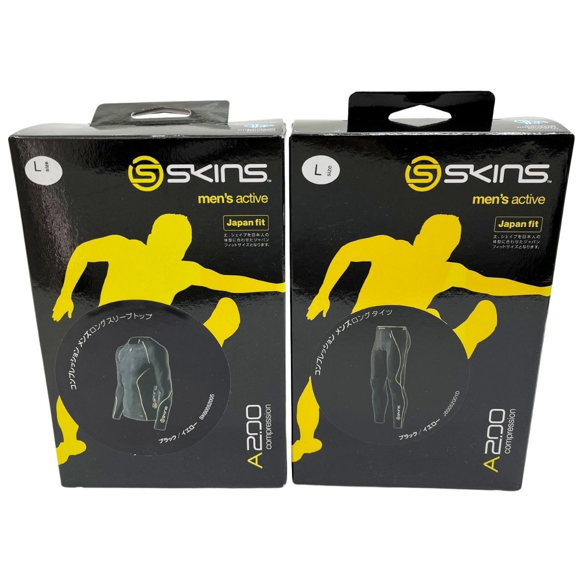 ◆◆SKINS コンプレッション メンズ ロングスリーブトップ ロングタイツ 上下セット L A200 ブラック|イエロー