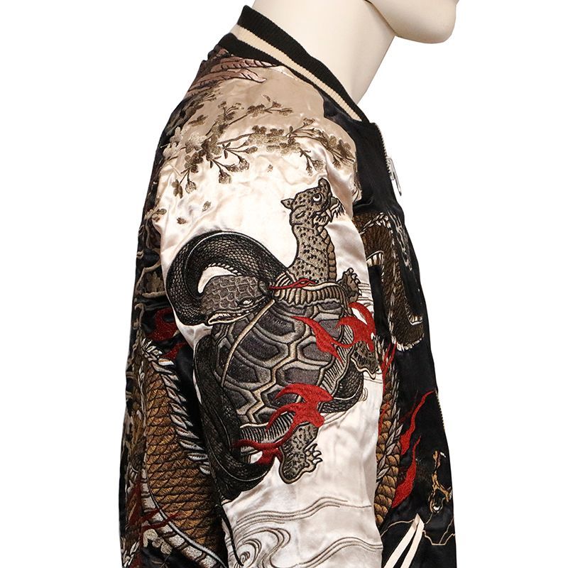 絡操魂 粋 四神刺繍スカジャン ブラック×ホワイト sizeL 絡操魂 粋 四神