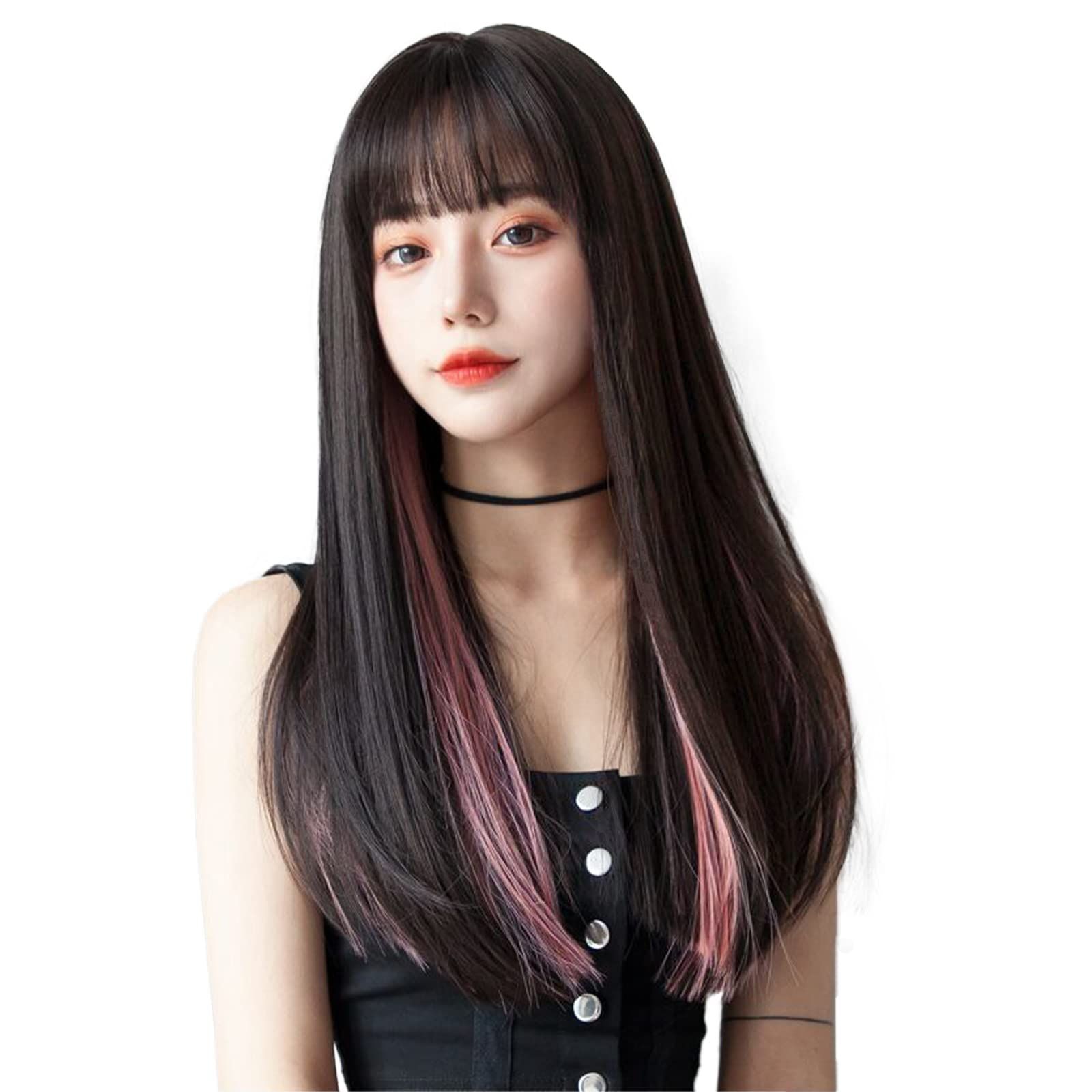 wig 耐熱 人気 原宿系 小顔 ぱっつん コスプレ ファッション 自然 フルウィッグ ネット付き かつら ストレート ロング (ブラックブラウン・桜ピンク) ウィッグ BARSDAR