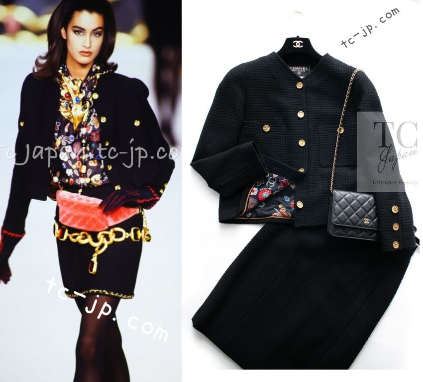 貴重 シャネル CHANEL ヴィンテージ・時計柄シルク裏地 ブラック