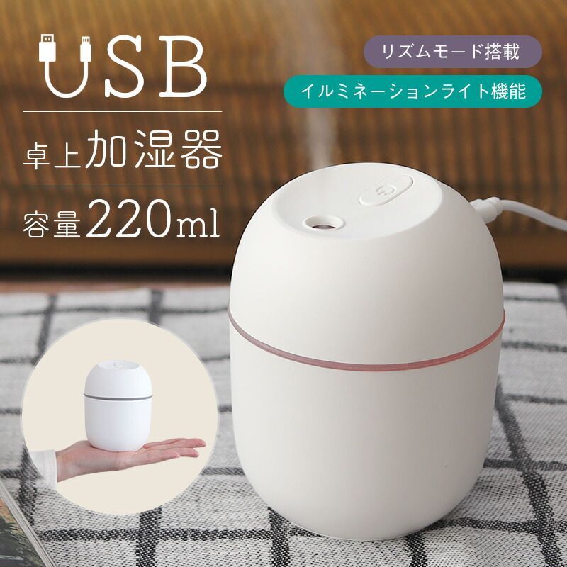 加湿器 卓上加湿器 USB 静音 超音波 イルミネーションライト機能 220ml