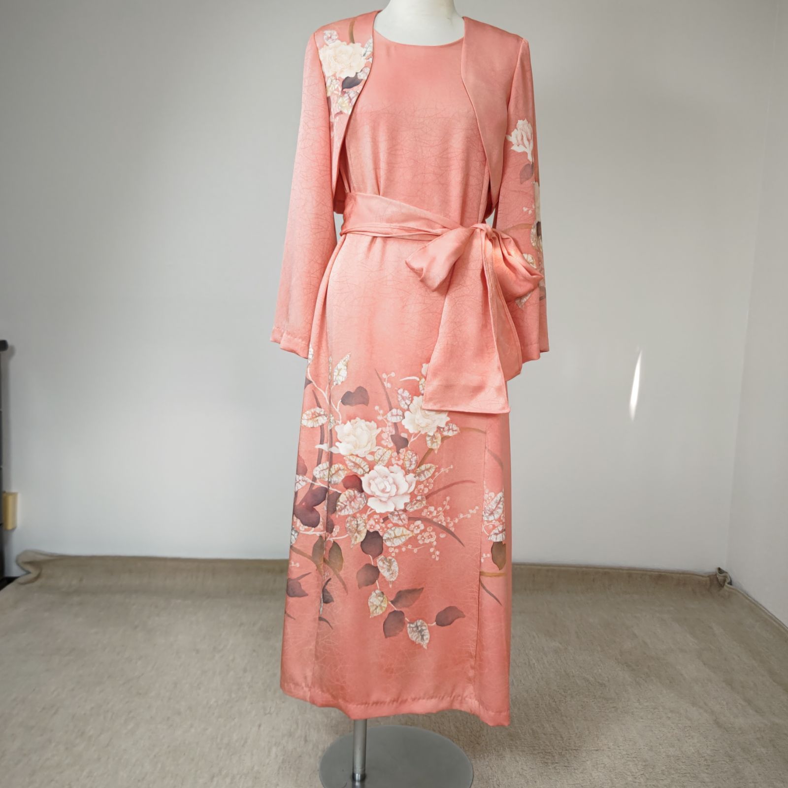 zunezune 訪問着ドレス 7分袖 着物リメイクワンピース 淡いピンクコンサート衣装