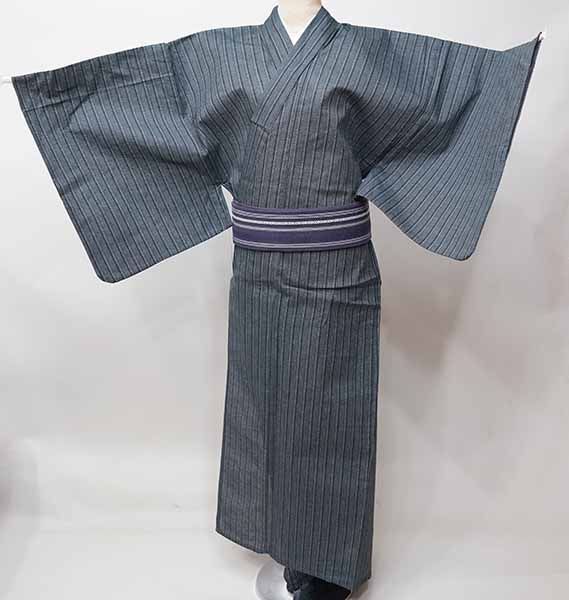 浴衣 単品 男性用 Lサイズ 綿100％ 黒色×グレー 縞 ゆかた 夏