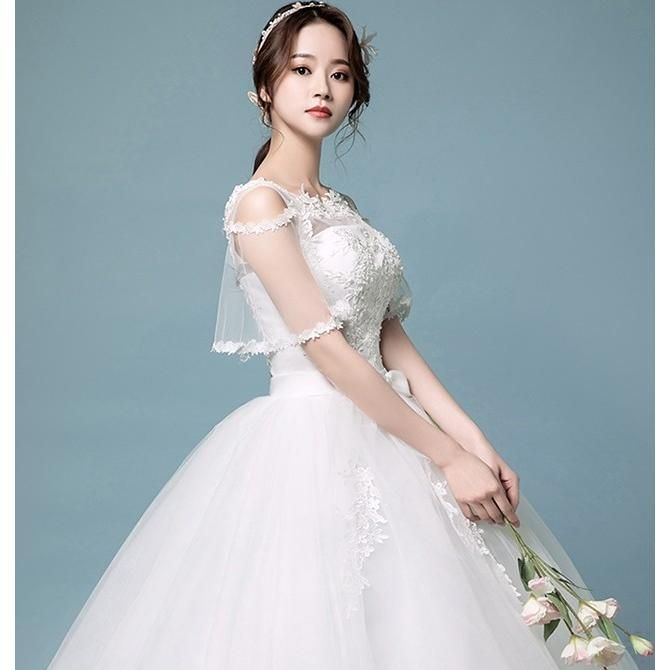 ウェディングドレス 袖あり フレア袖 オシャレ ホワイトドレス 結婚式ドレス 海外挙式 花嫁ドレス 白 パール エレガント キレイめ ロングドレス ウェディングドレス 袖あり着後ﾚﾋﾞｭｰ特典シンプル