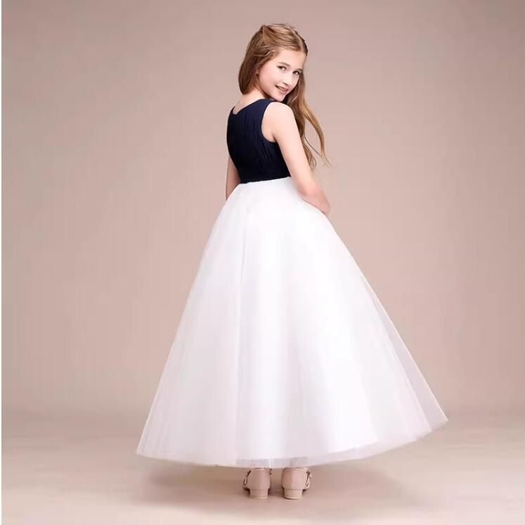 子供ドレス 発表会 ロングドレス ピアノ発表会 ジュニア ドレス フォーマルドレス 女の子 演奏会 結婚式 ネイビー×ホワイト キッズ フォーマル ドレス コンクール コンサート 七五三 豪華ドレス 子供服 女の子 min