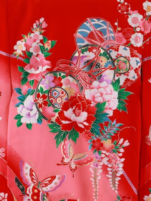 お宮参り 金彩加工 正絹 着物 長襦袢 セット 女児 女の子 子供 産着 祝着 赤色 un-275