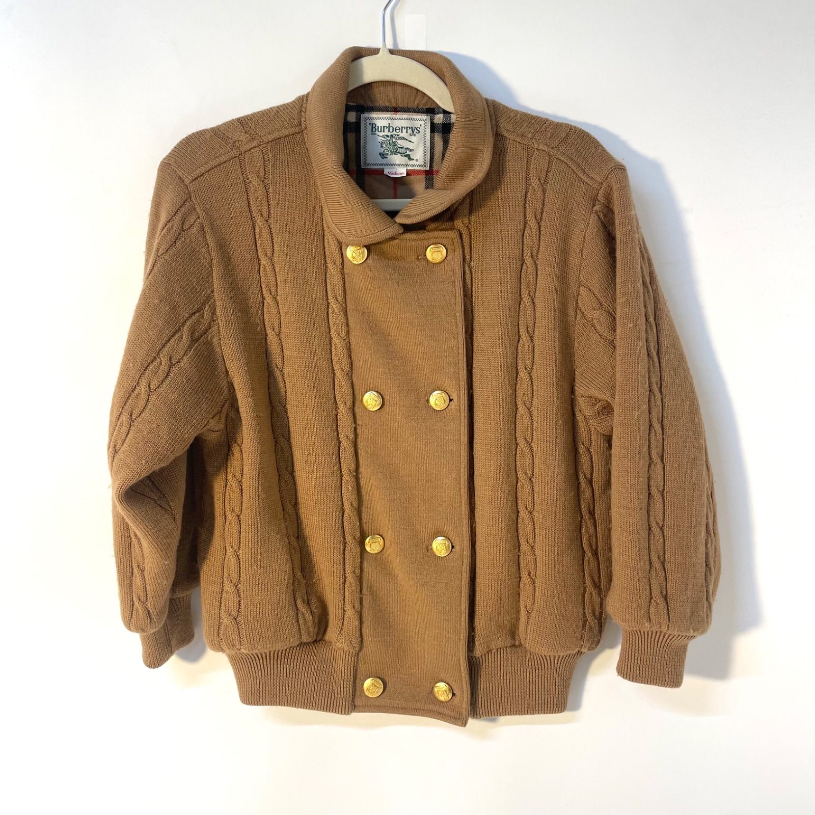 バーバリーブルーレーベル　ダッフルニットコート　チェック　アイボリー　Mサイズ バーバリーブルーレーベル ダッフルニットコート チェック