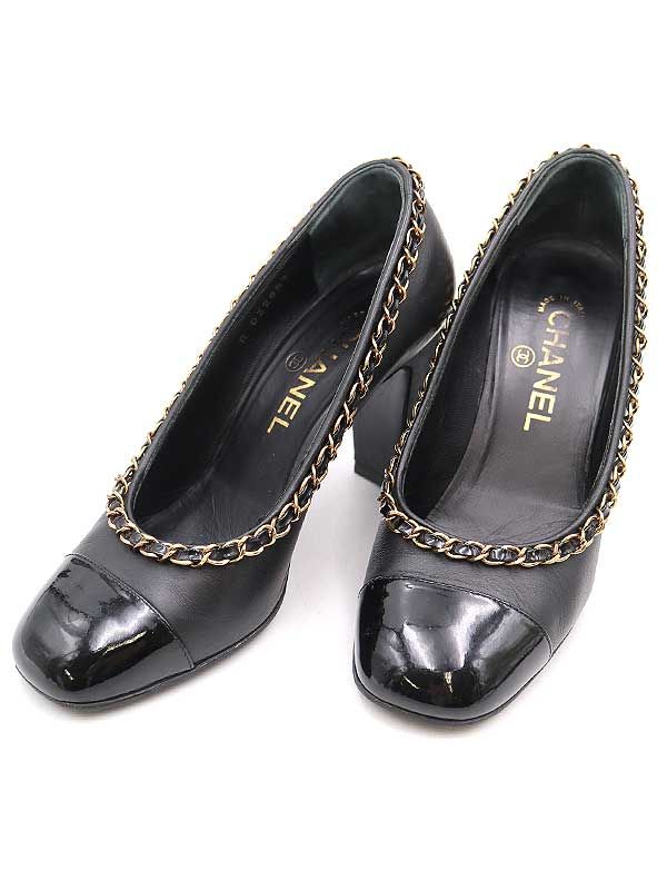 CHANEL ブラック パテントトゥパンプス CHANEL シャネル パテントトゥ チェーンデザインヒールパンプス