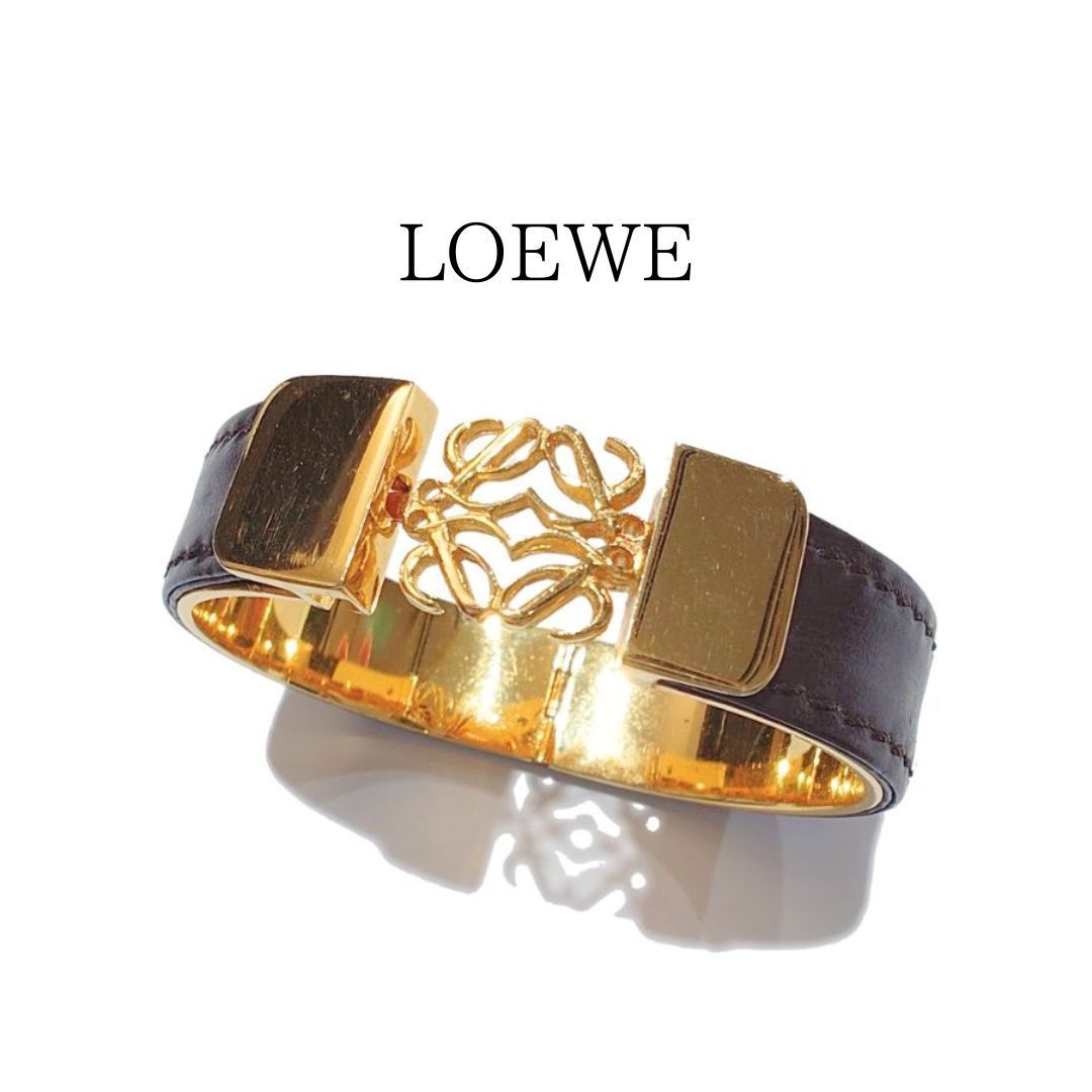 LOEWE ロエベ アナグラム バングル ブレスレット ゴールド ダークブラウン レザー