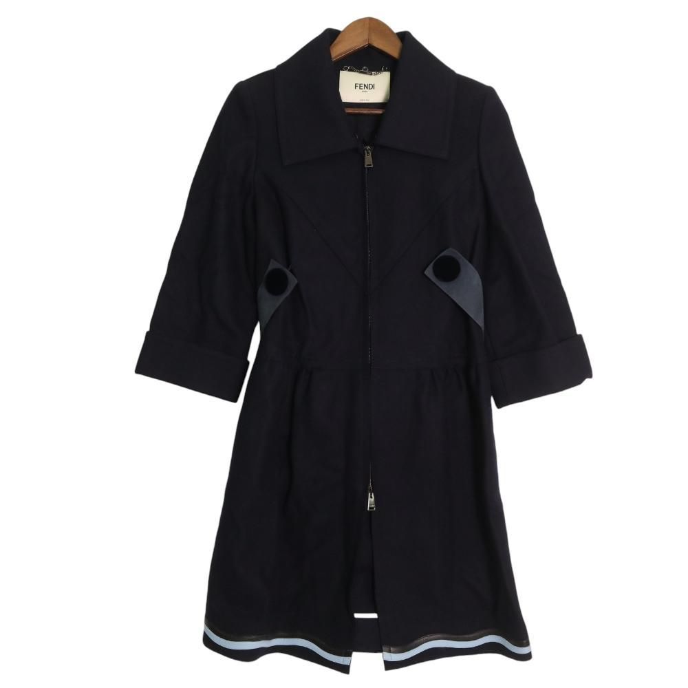 FENDI フェンディ　カシミヤ　ウール　ステンカラーコート　ネイビー　紺　比翼 FENDI フェンディ カシミヤ ウール ステンカラーコート ネイビー 紺