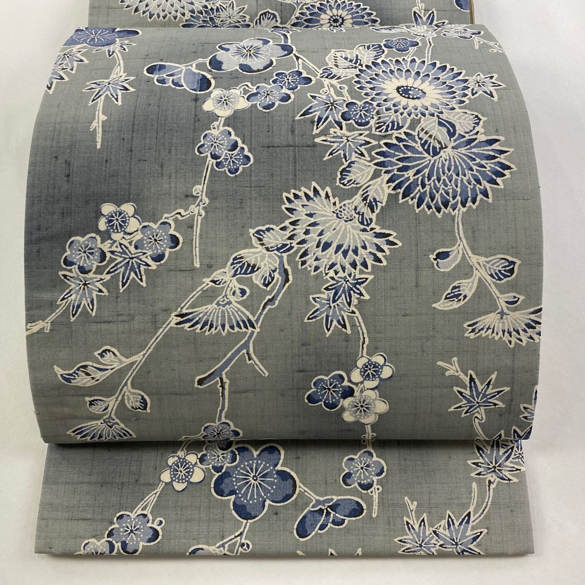 袋帯 名品 生つむぎ 枝梅 菊 ぼかし 灰緑 全通 正絹