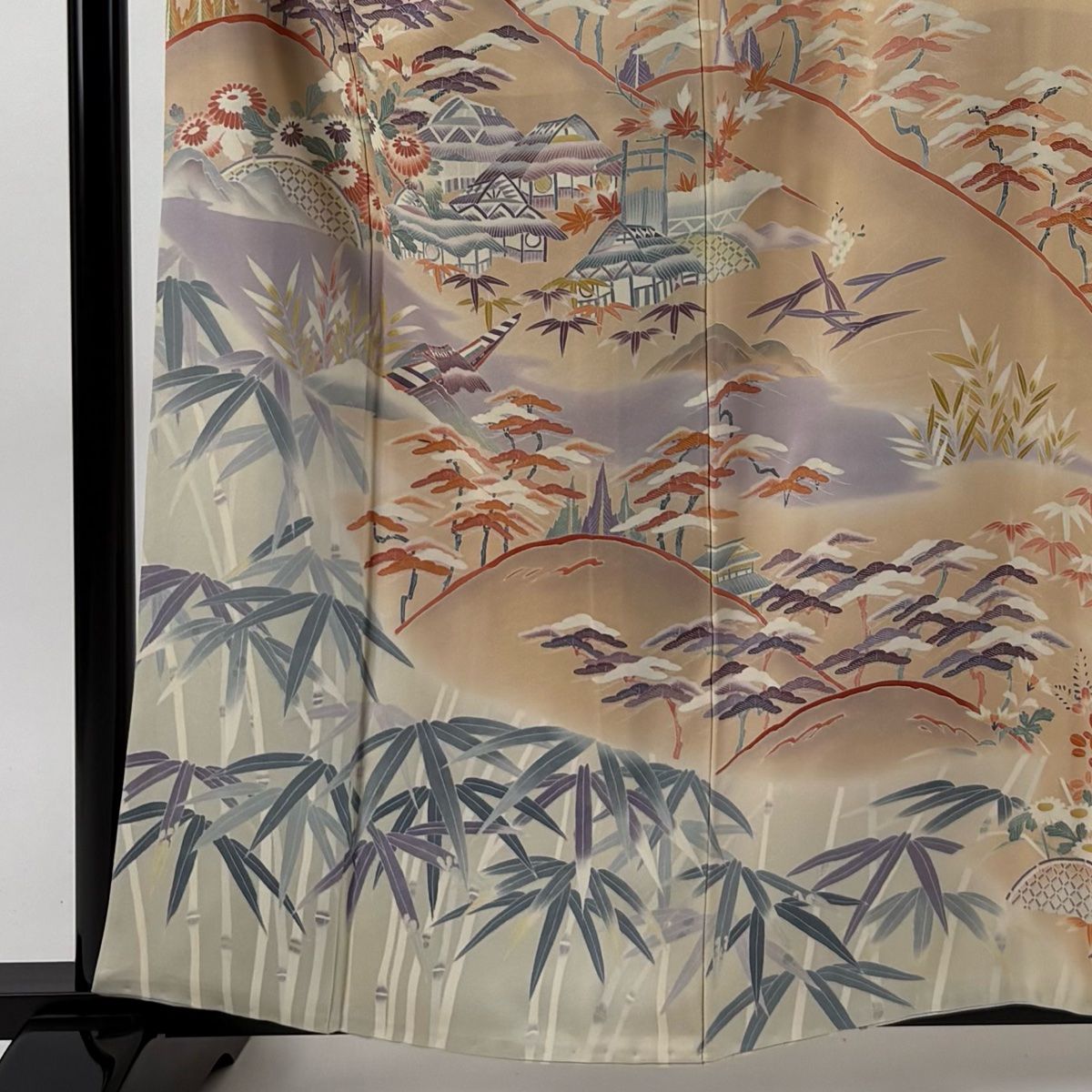 訪問着 身丈160.5cm 裄丈68cm L 袷 落款 松竹梅 家屋 ぼかし 薄オレンジ 正絹 一つ紋