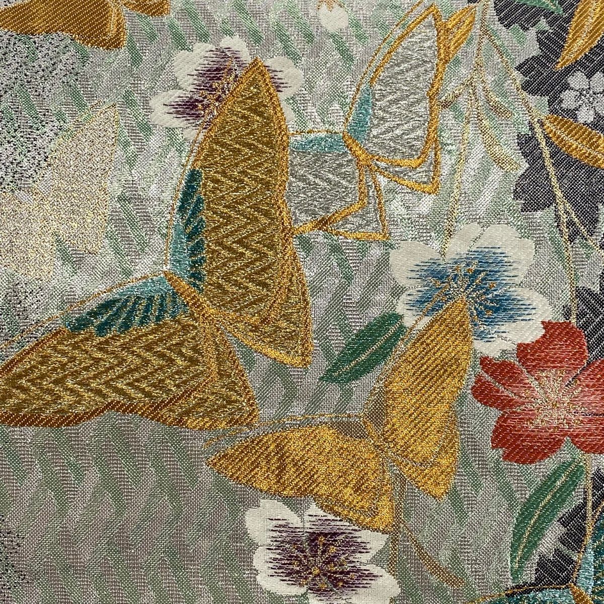 袋帯 秀品 振袖向き 蝶 桜 金銀糸 箔 銀色 六通 正絹