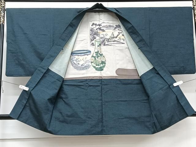 平和屋着物▽男性 紬 単衣 色無地 紺藍色 正絹 逸品 未