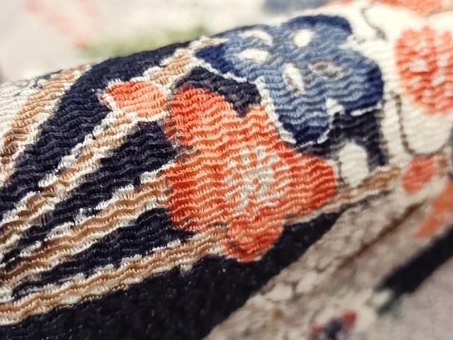 【美品】単衣の小紋　更紗花文　鬼しぼ縮緬　正絹　バチ衿　六通袋帯　葡萄蔓文様 美品】単衣の小紋 更紗花文 鬼しぼ縮緬 正絹 バチ衿 六通袋帯