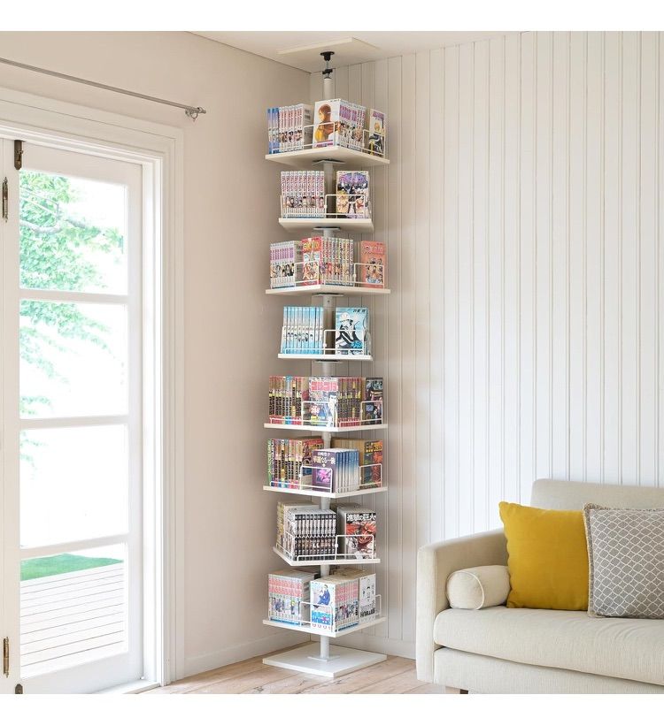 山善 YAMAZEN 本棚 突っ張り 回転式本棚 つっぱり棚 回転 大容量 全体耐荷重120kg 省スペース ラック 8段 幅34cm×奥行34cm×高さ222-262cm ブックシェルフ 組立品 ホワイト|マットホワイト RTKH-3434 WH|MWH