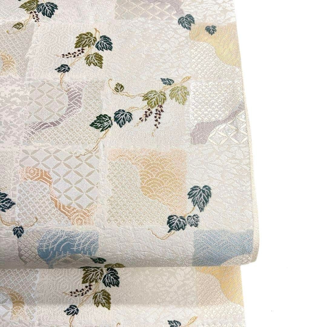 作家もの 袋帯 白地 市松模様 葡萄模様 七宝 鹿の子 着物 052a p