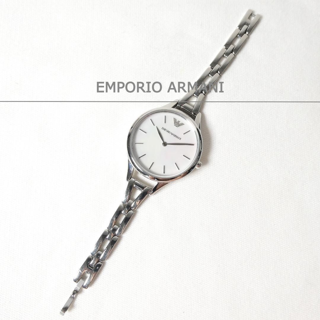 Good Condition Emporio Armani Emporio Armani Quartz Watch Analog Shell Dial White Dial Stainless Steel Silver Color Women's