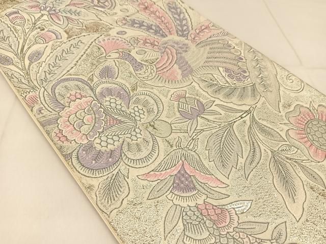 平和屋着物◎六通柄袋帯 唐織 更紗唐草華鳥文 銀糸 正絹 逸品