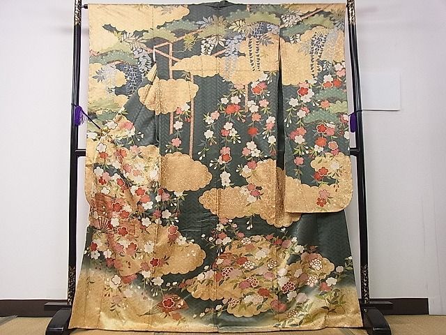 平和屋1□極上 十日町老舗ブランド 吉澤友禅 吾妻徳穂 振袖 駒刺繍 雲