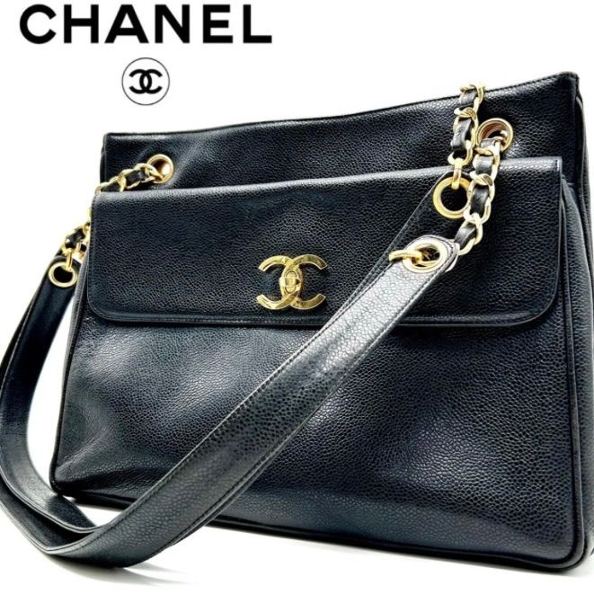 良品⭐︎CHANEL シャネル　ダブル　チェーンショルダーバッグ　ココマーク　キャビアスキン　レザー　革　黒　ブラック　アウトサイドフラップ　 レディース　ギャランティカード　保存袋　付き　ヴィンテージ　ビンテージ　vintage　メンズ　レディース　男女兼用