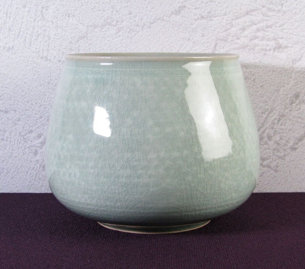 韓国人間国宝 柳海剛作 高麗青磁 象嵌 水指 共箱 茶道具 25i055