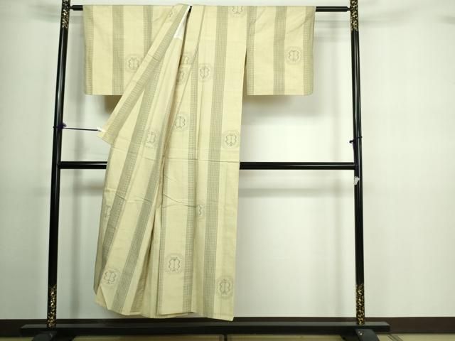 平和屋着物▽上質な紬 単衣 変わり縞吉祥花文 正絹 逸品