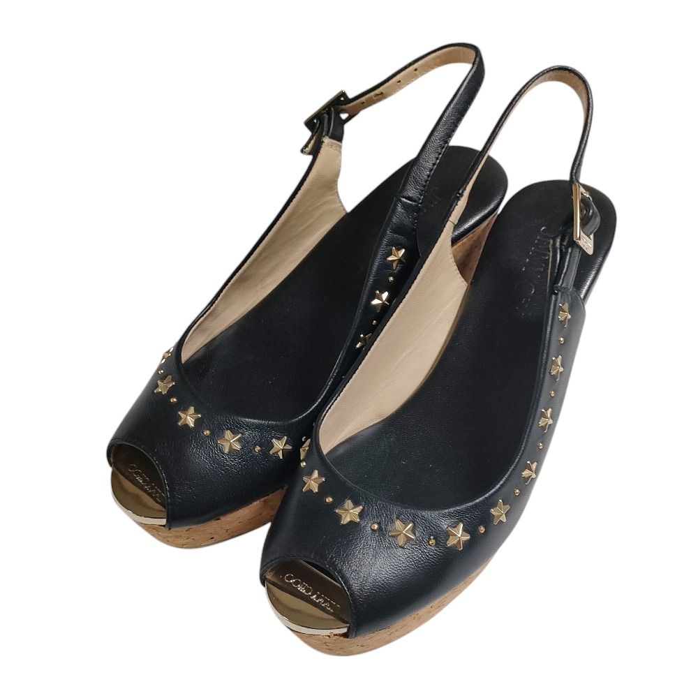 JIMMY CHOO ジミーチュウ PRAISE レザー コルク スタッズ オープントゥ ウェッジソール サンダル 35 22cm相当 ブラック レディース 古着