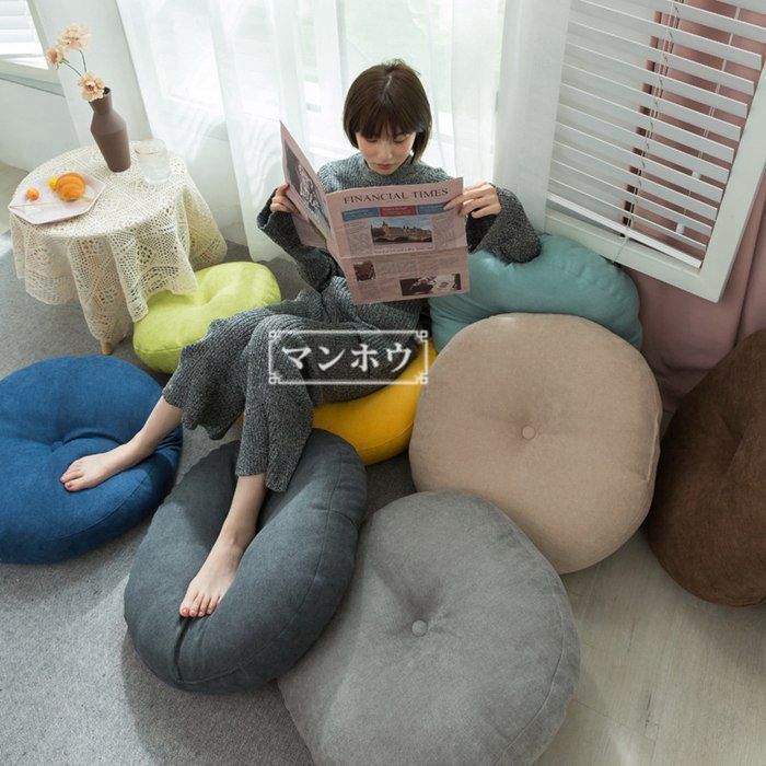 M 座布団 フロアクッション 厚手 丸型 ラウンドタイプ 畳 綿麻 チェアパッド クッション ごろ寝クッション 座椅子 チェアクッション オフィスチェアー用 和室 抱き枕 イス 分厚い 在宅 疲れ