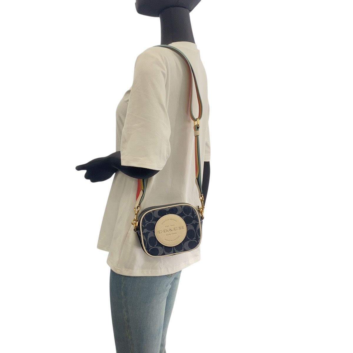 美品 COACH コーチ シグネチャー ネイビー ホワイト ゴールド金具 キャンバス/レザー E2111-C4583 ショルダーバッグ ポシェット 504995【】