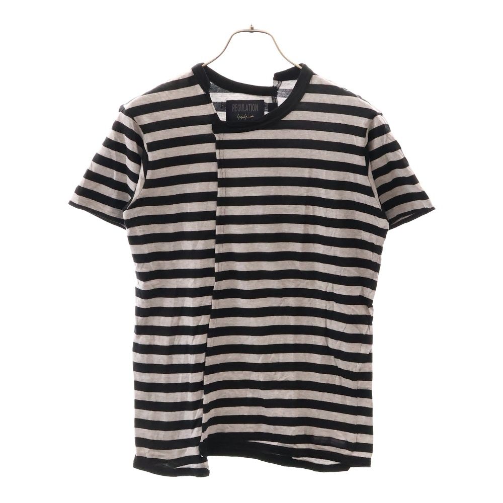REGULATION Yohji Yamamoto MEN (レギュレーションヨウジヤマモトメン) 再構築デザイン ボーダー半袖Tシャツ グレー ブラック HW-T51-271