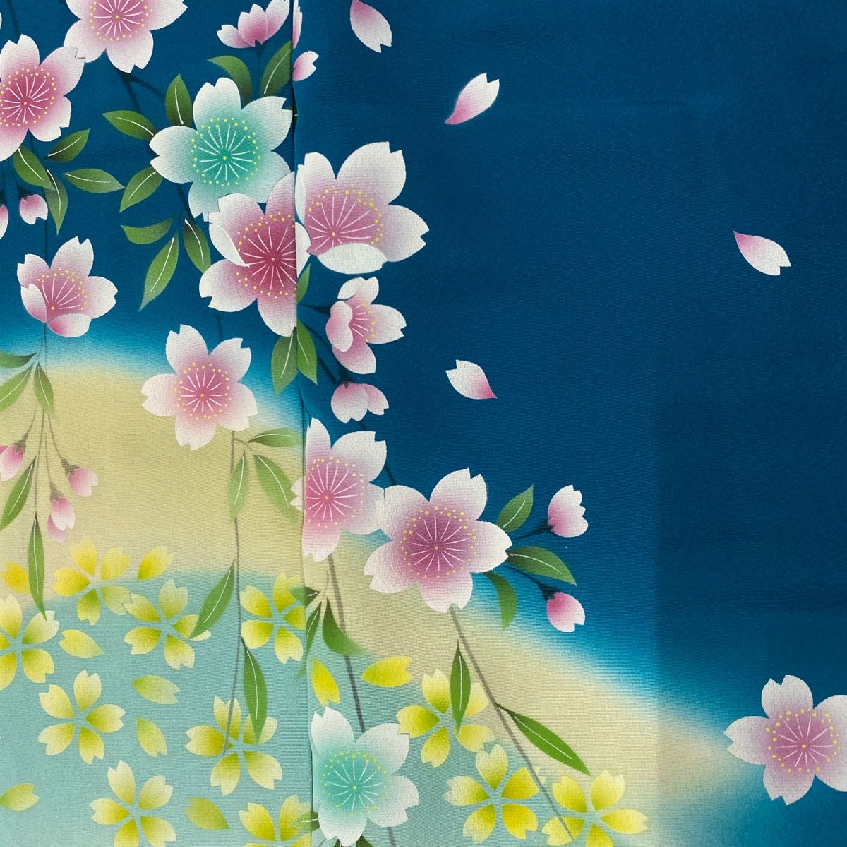 振袖 身丈162.5cm 裄丈71.5cm L 袷 桜 花びら 染め分け ぼかし 青緑  