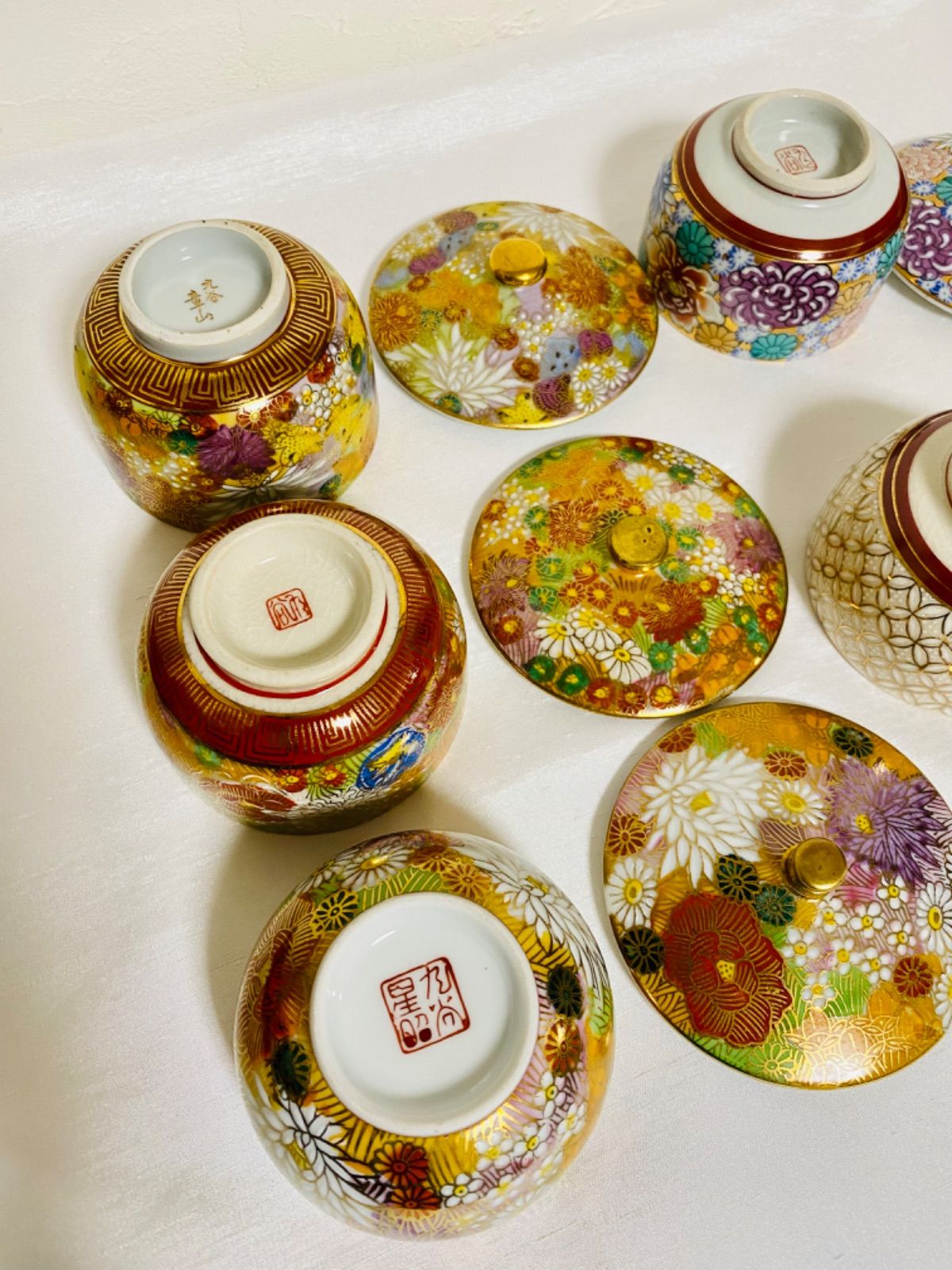 九谷焼 九谷焼 花詰 金花 青粒 茶器 銘々皿 茶托 湯呑み 8脚 A-7